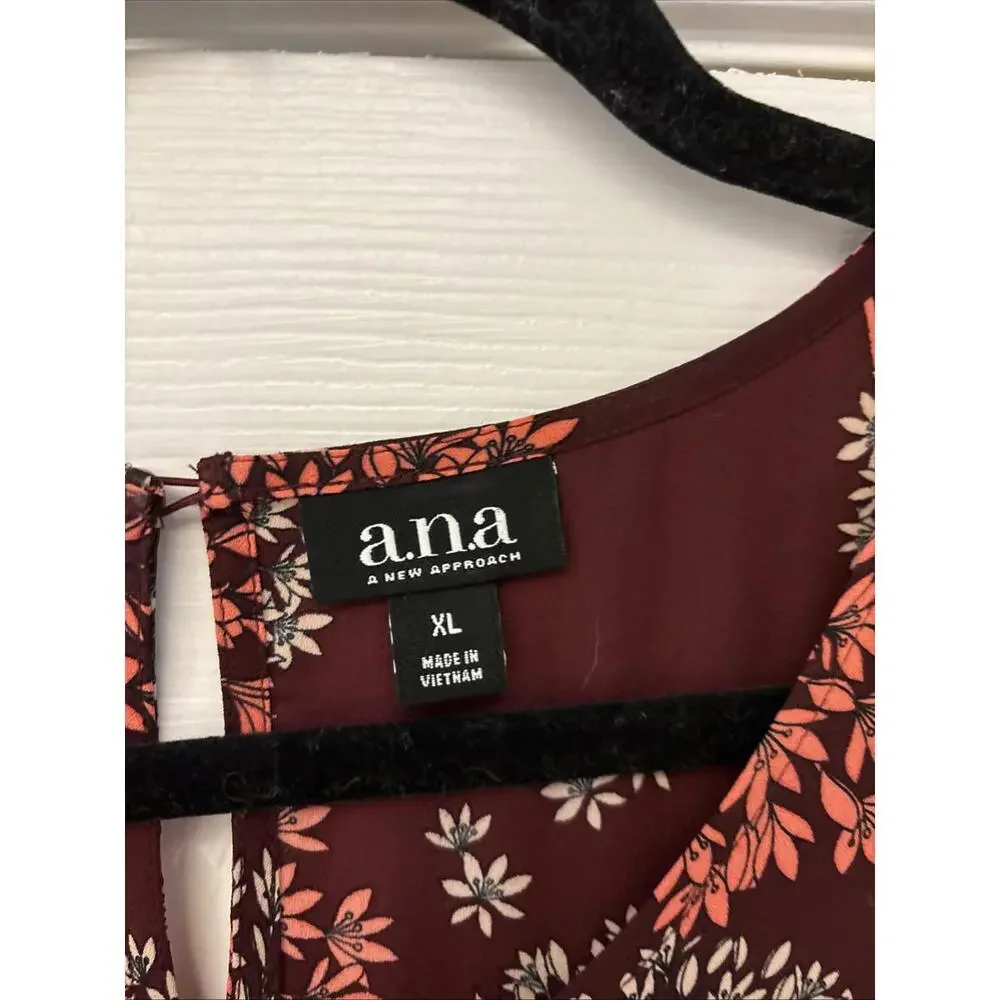 A.N.A. Burgundy Sheer Ruffled Top Blouse Long Bell Sleeves Sz XL. Work. Office - Picture 5 of 9